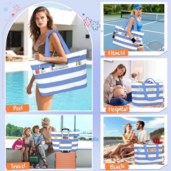 Women's Purple White Waterproof Sandproof Xl Tote Zipper Foldable Beach Bags - Picture 8 of 8